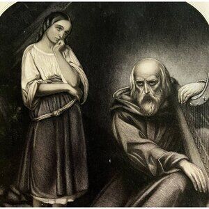 Mignon And Father With Harp Engraving 1859 Victorian Instrument Art DWY5G